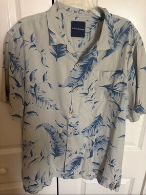 Tommy Bahama Light Blue Shirt with Navy Leaf Print